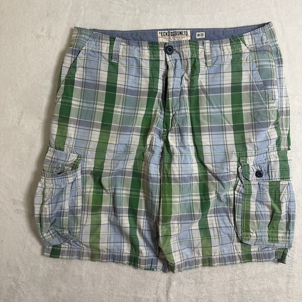 Ecko Unltd Men's Plaid Cargo Shorts Size 36 Green Blue White Premium Y2K Baggy